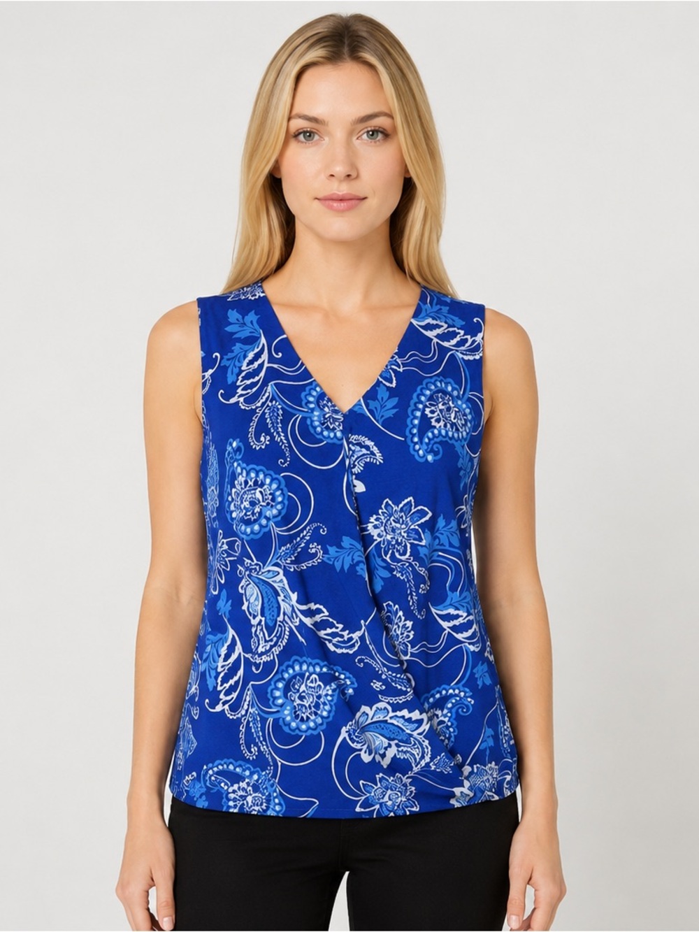 Dana Buchman Blue/White Paisley Sleeveless Faux Wrap Blouse Size Medium